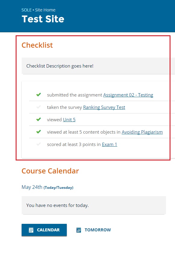 Calendar Checklist from homepage